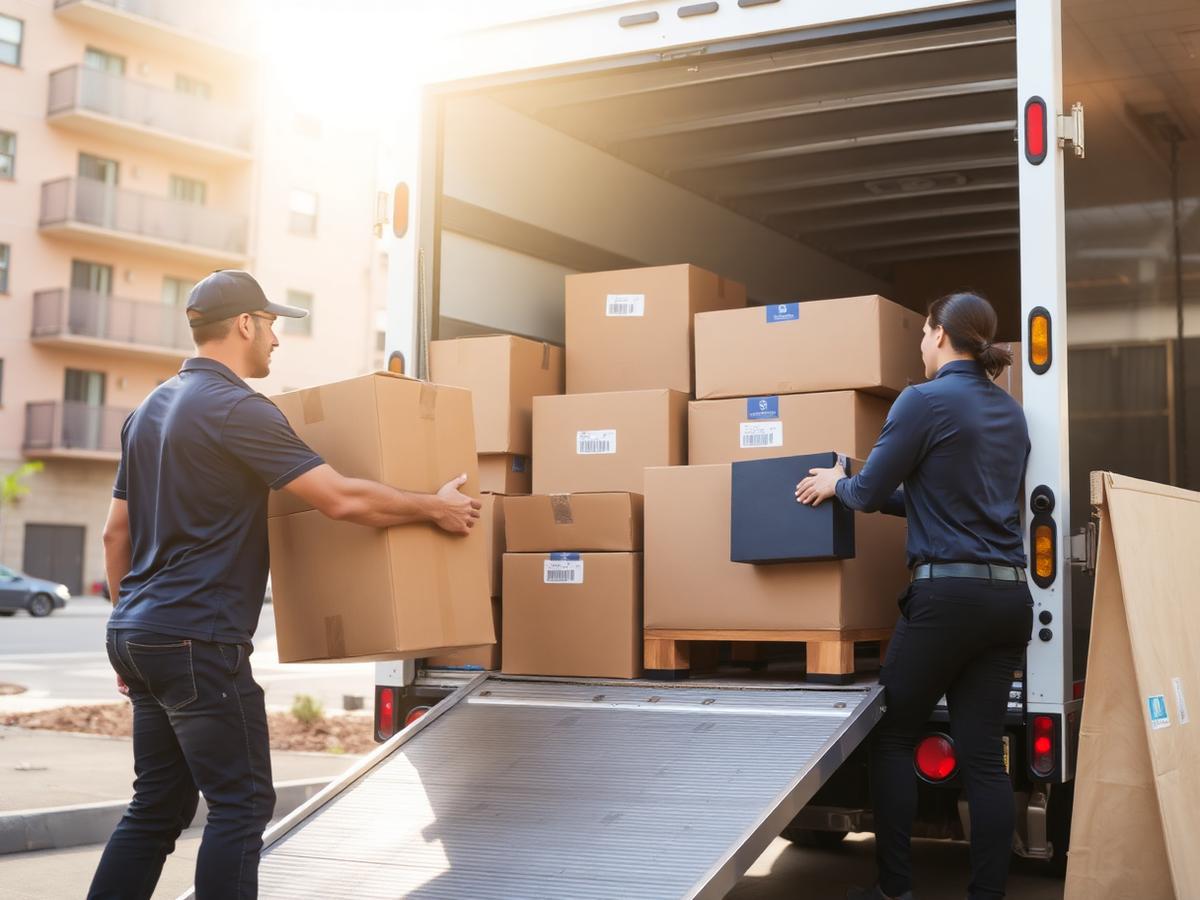 Movers loading boxes and furniture into a box truck