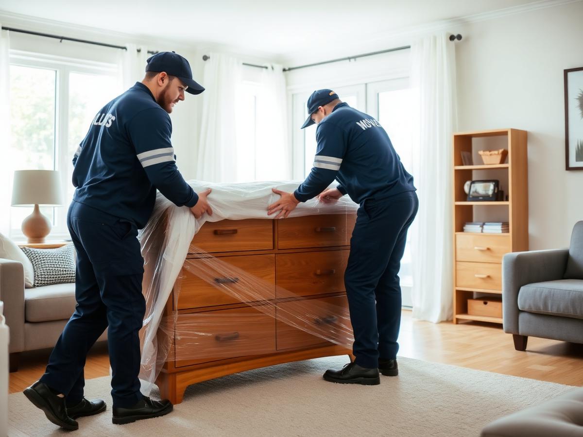 Movers wrapping a dresser in protective moving materials